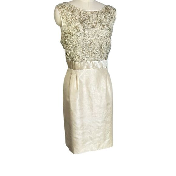 Tahari ASL Cream Shantung Sequin Lace Sheath Cocktail Dress | 16 - Picture 4 of 8